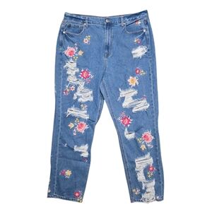 American Eagle Mom Jeans Distressed Floral Embroidered